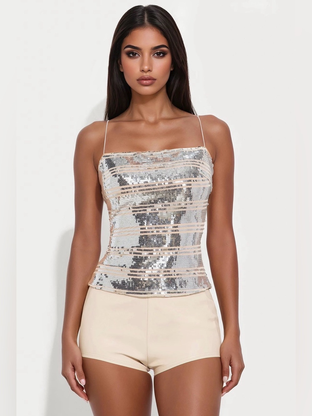 Sequin Strap Cami Top in Silver